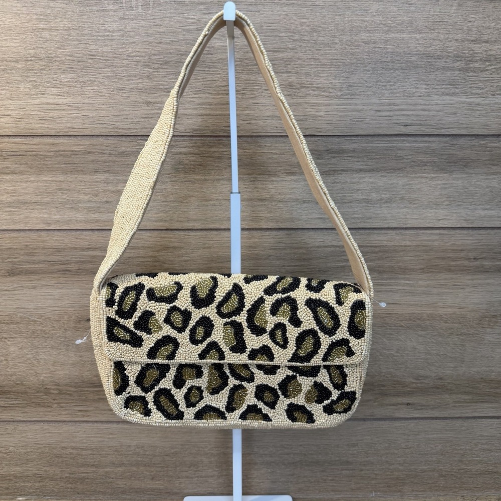 America & Beyond Beige Black Leopard Animal Print Beaded Flap Shoulder Bag India